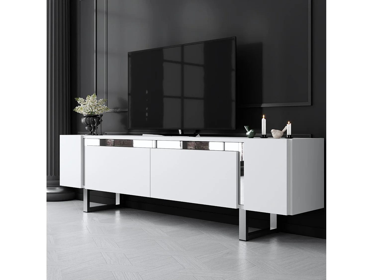 TV-meubel – 180 x 50 x 30 cm – Wit en zilver – Melamine gecoat MDF