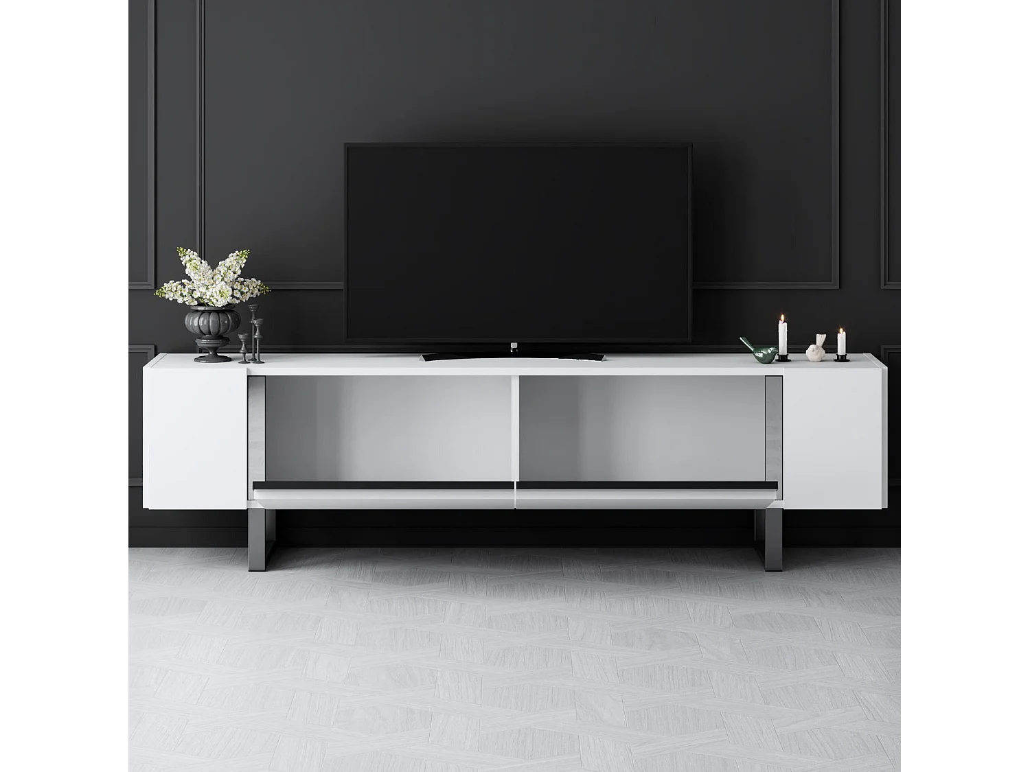 TV-meubel – 180 x 50 x 30 cm – Wit en zilver – Melamine gecoat MDF