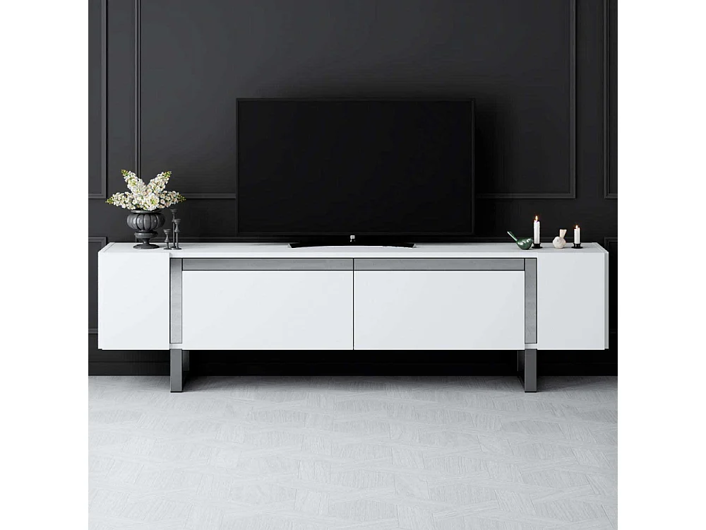 TV-meubel – 180 x 50 x 30 cm – Wit en zilver – Melamine gecoat MDF