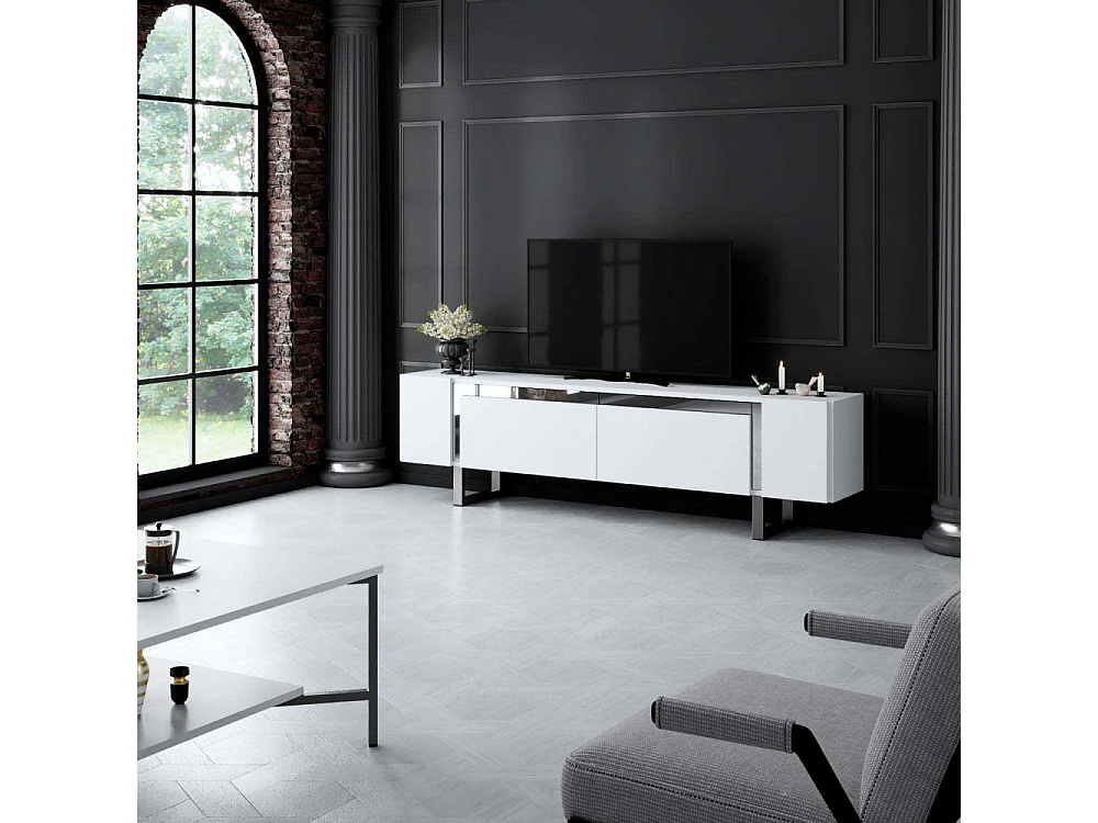 TV-meubel – 180 x 50 x 30 cm – Wit en zilver – Melamine gecoat MDF