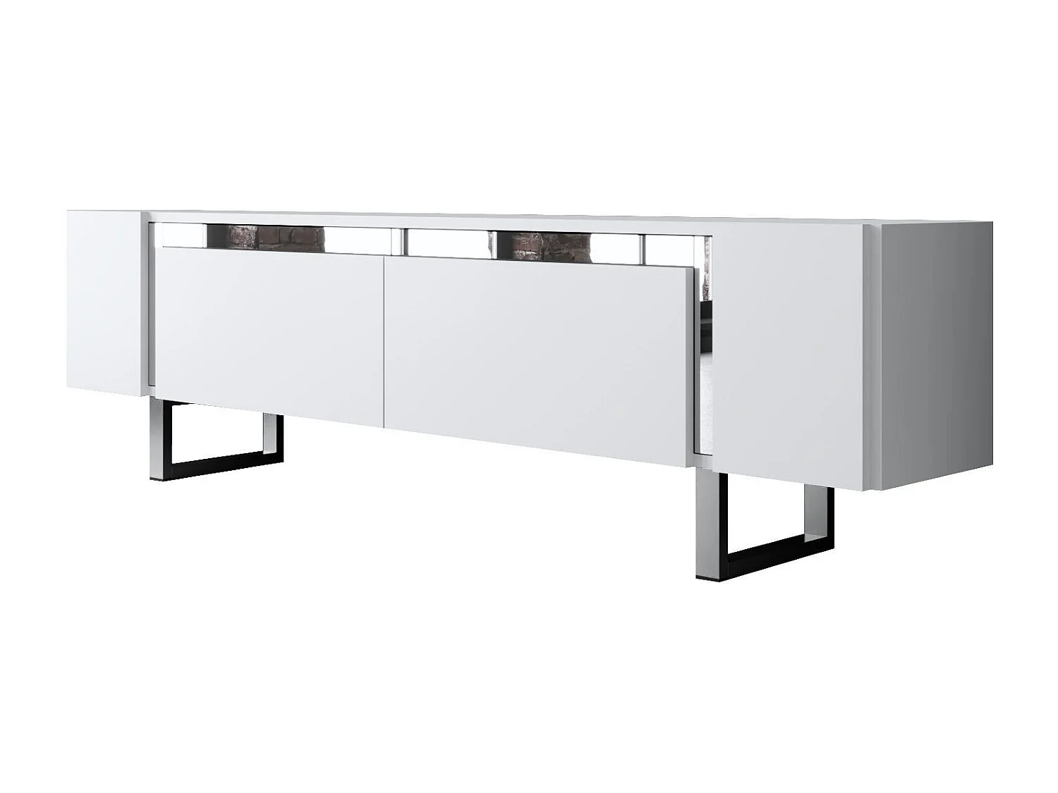 Meuble Tv design 2 portes basculantes Merany L180cm Bois Blanc et Métal Argent