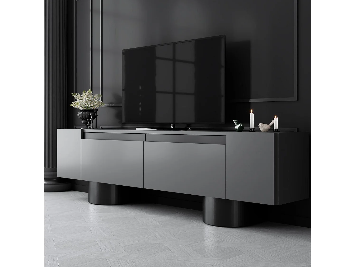 Meuble Tv design 2 portes basculantes Merna L180cm Bois Anthracite et Métal Noir