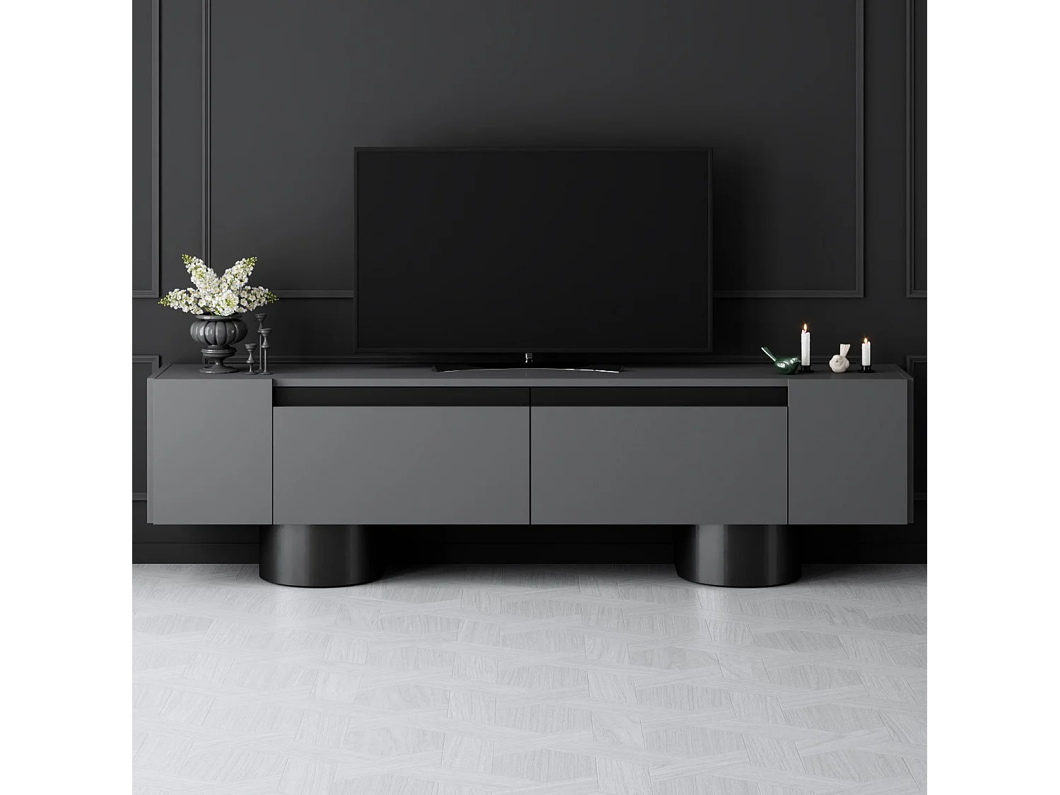 Meuble Tv design 2 portes basculantes Merna L180cm Bois Anthracite et Métal Noir