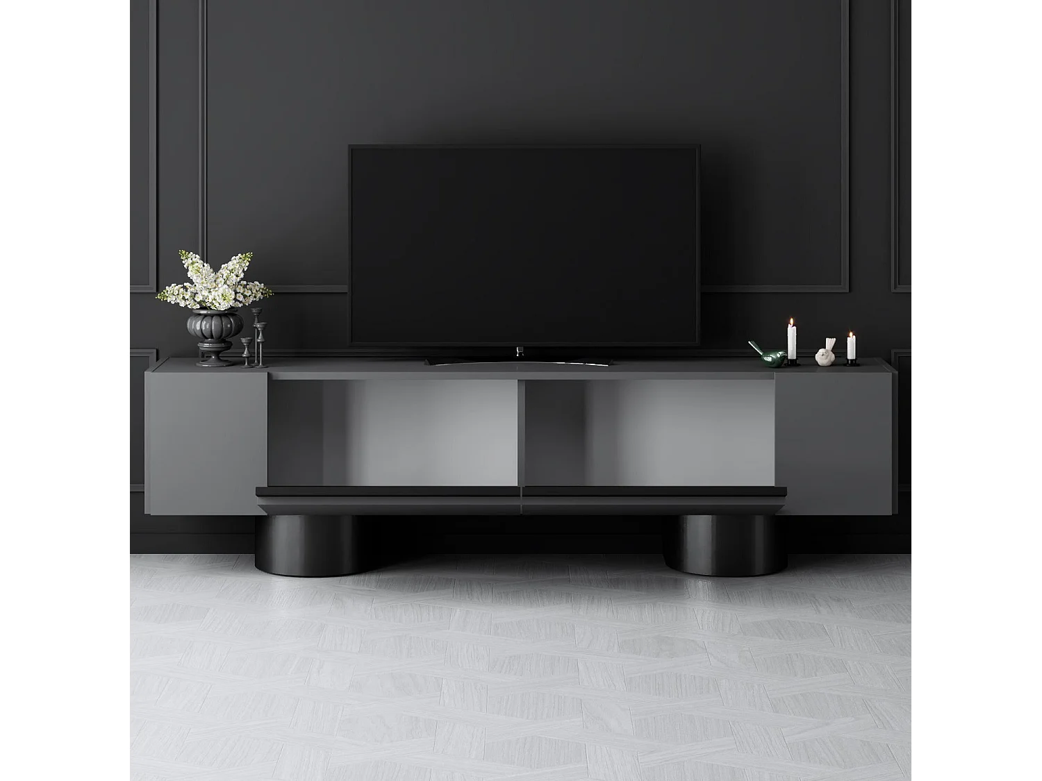Meuble Tv design 2 portes basculantes Merna L180cm Bois Anthracite et Métal Noir