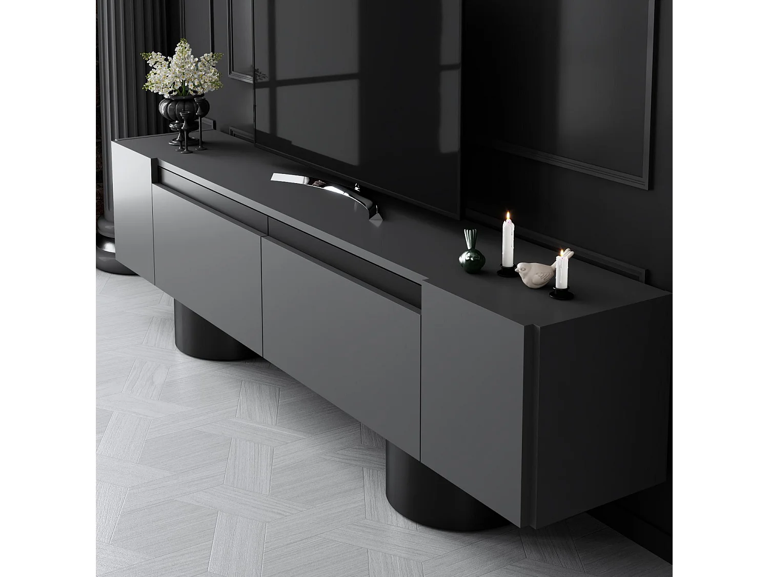 Meuble Tv design 2 portes basculantes Merna L180cm Bois Anthracite et Métal Noir