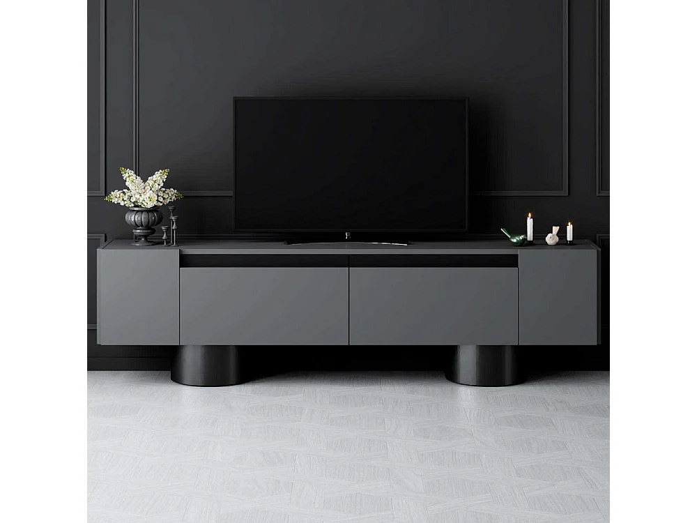 Meuble Tv design 2 portes basculantes Merna L180cm Bois Anthracite et Métal Noir