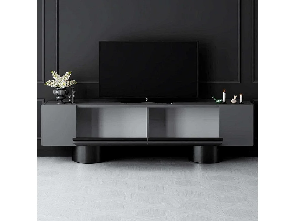 Meuble Tv design 2 portes basculantes Merna L180cm Bois Anthracite et Métal Noir