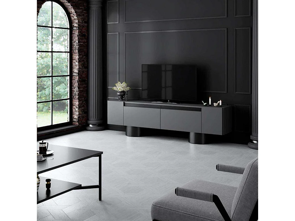 Meuble Tv design 2 portes basculantes Merna L180cm Bois Anthracite et Métal Noir