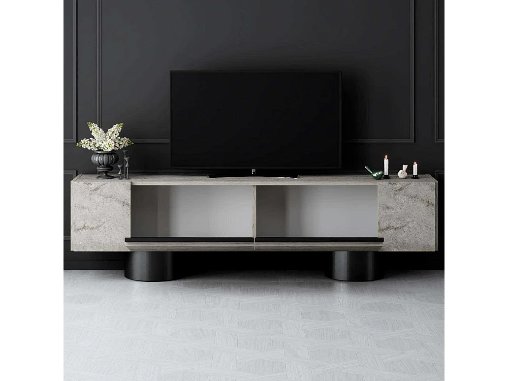 Meuble Tv design 2 portes basculantes Merna L180cm Bois Effet travertin beige et Métal Noir