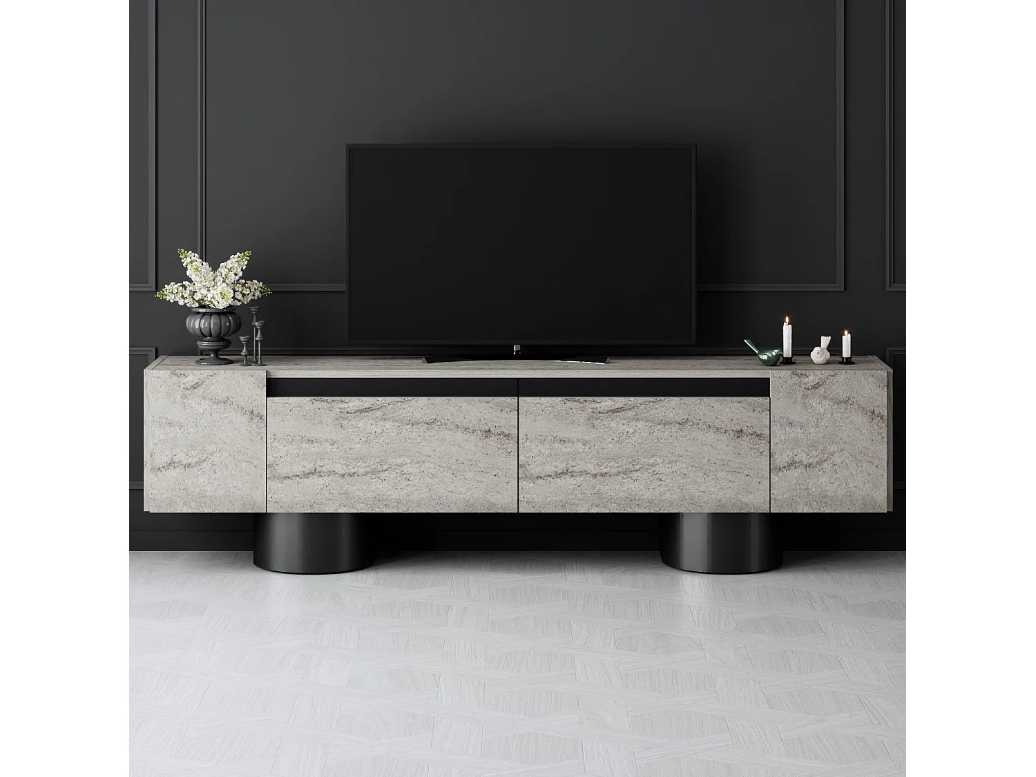 Meuble Tv design 2 portes basculantes Merna L180cm Bois Effet travertin beige et Métal Noir