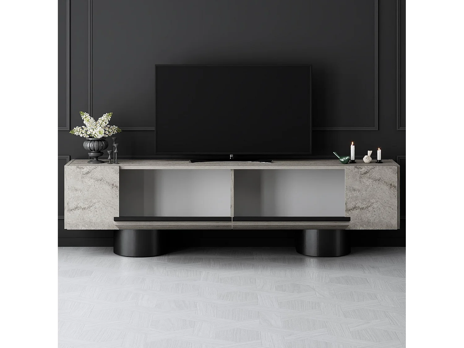 Meuble Tv design 2 portes basculantes Merna L180cm Bois Effet travertin beige et Métal Noir