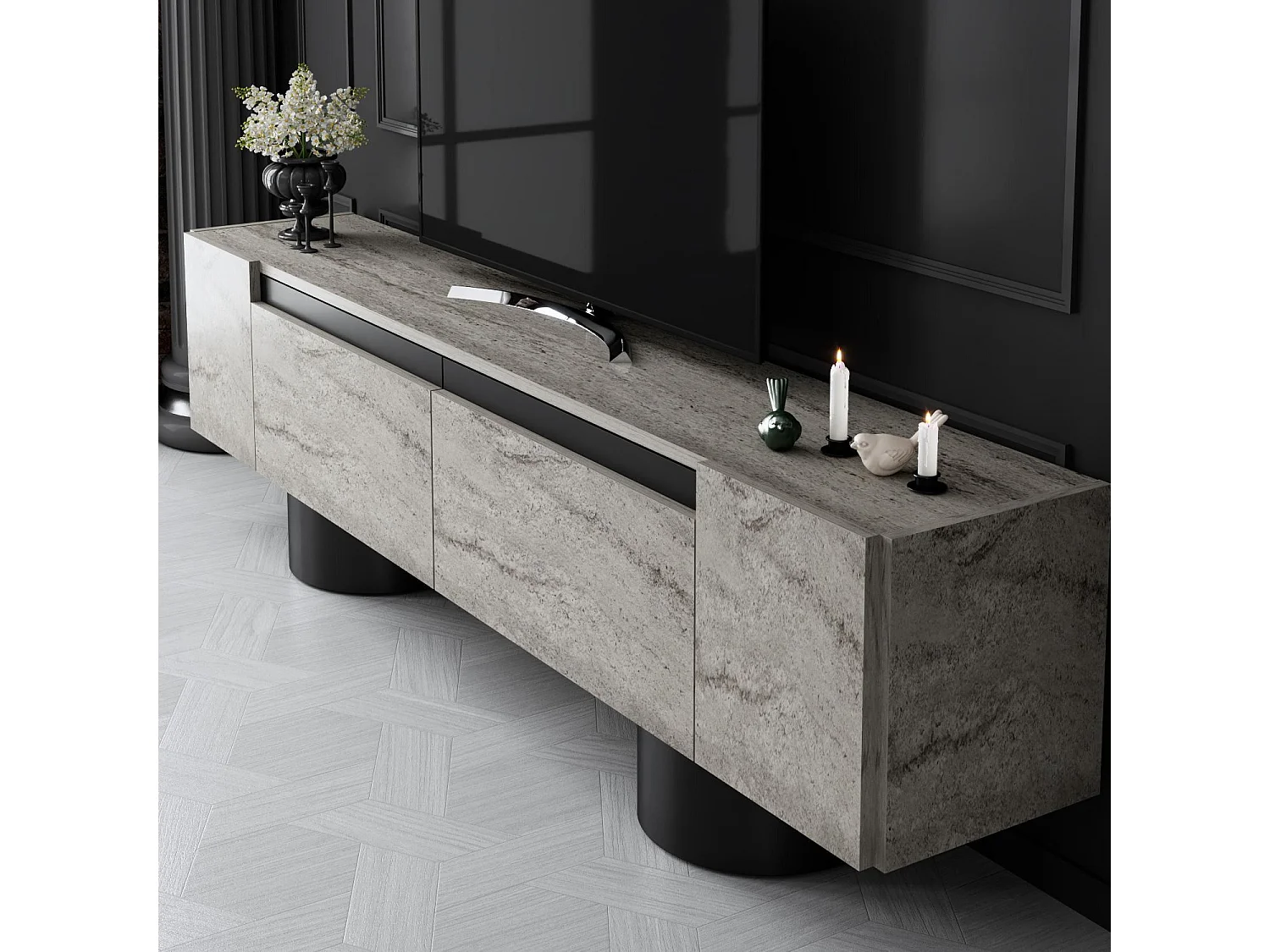 Meuble Tv design 2 portes basculantes Merna L180cm Bois Effet travertin beige et Métal Noir