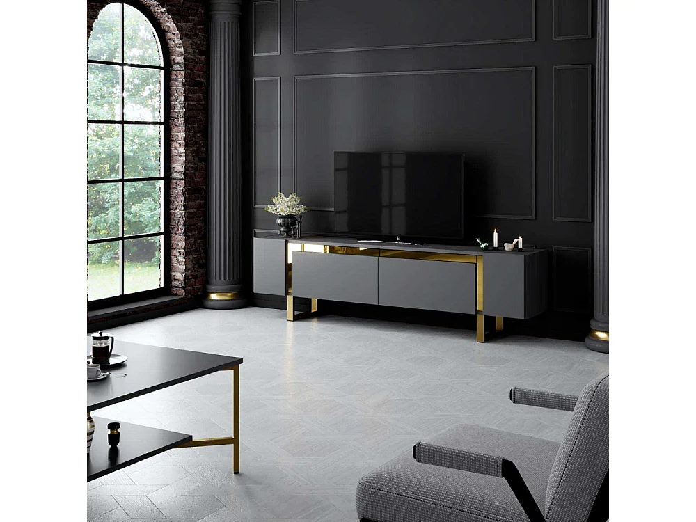 Meuble Tv design 2 portes basculantes Merany L180cm Bois Anthracite et Métal Or