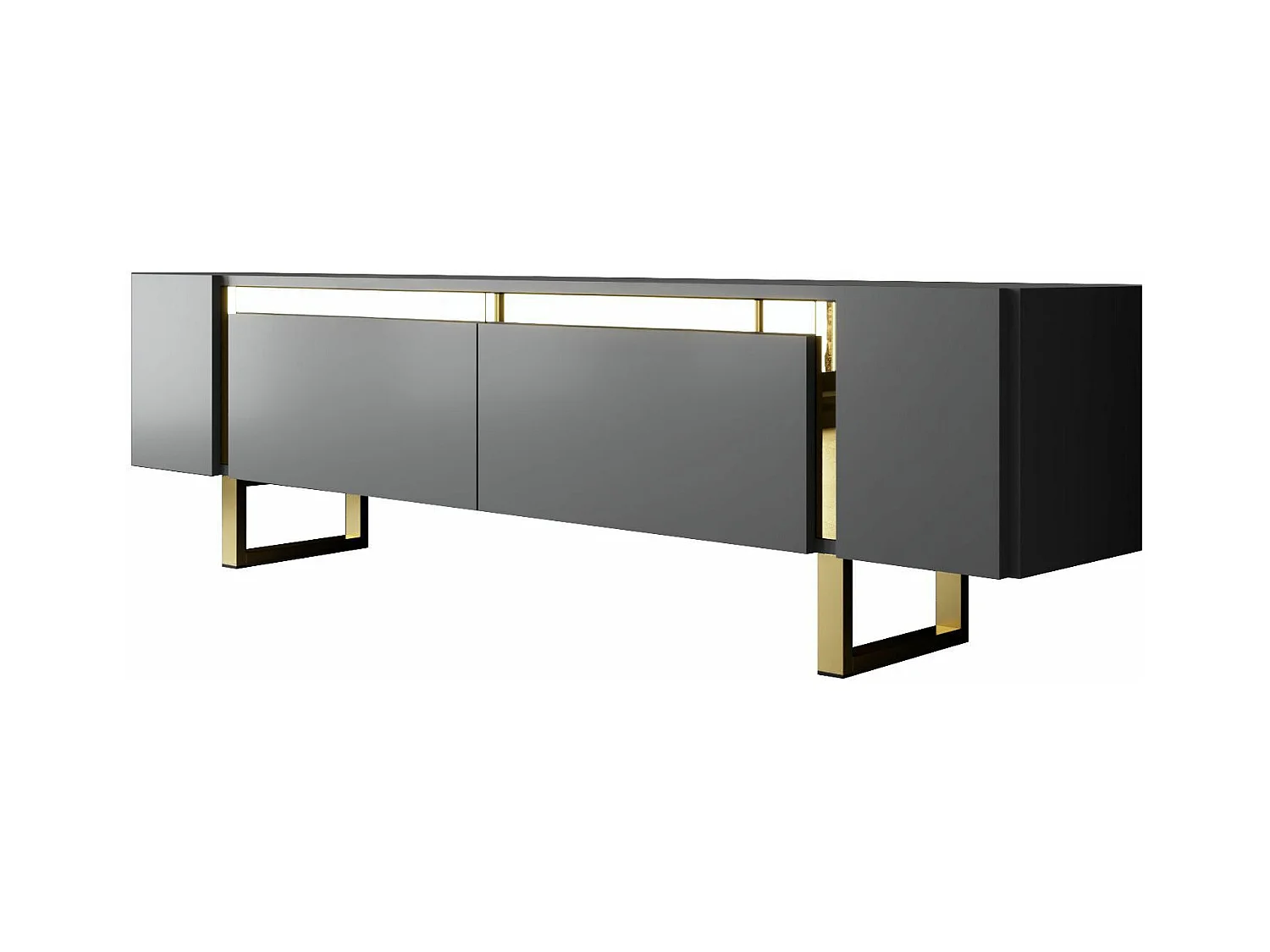 Meuble Tv design 2 portes basculantes Merany L180cm Bois Anthracite et Métal Or