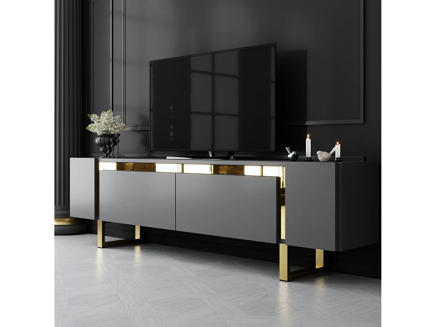 TV-meubel – 180 cm x 50 cm x 30 cm – Antraciet en goud – Melamine gecoat spaanplaat