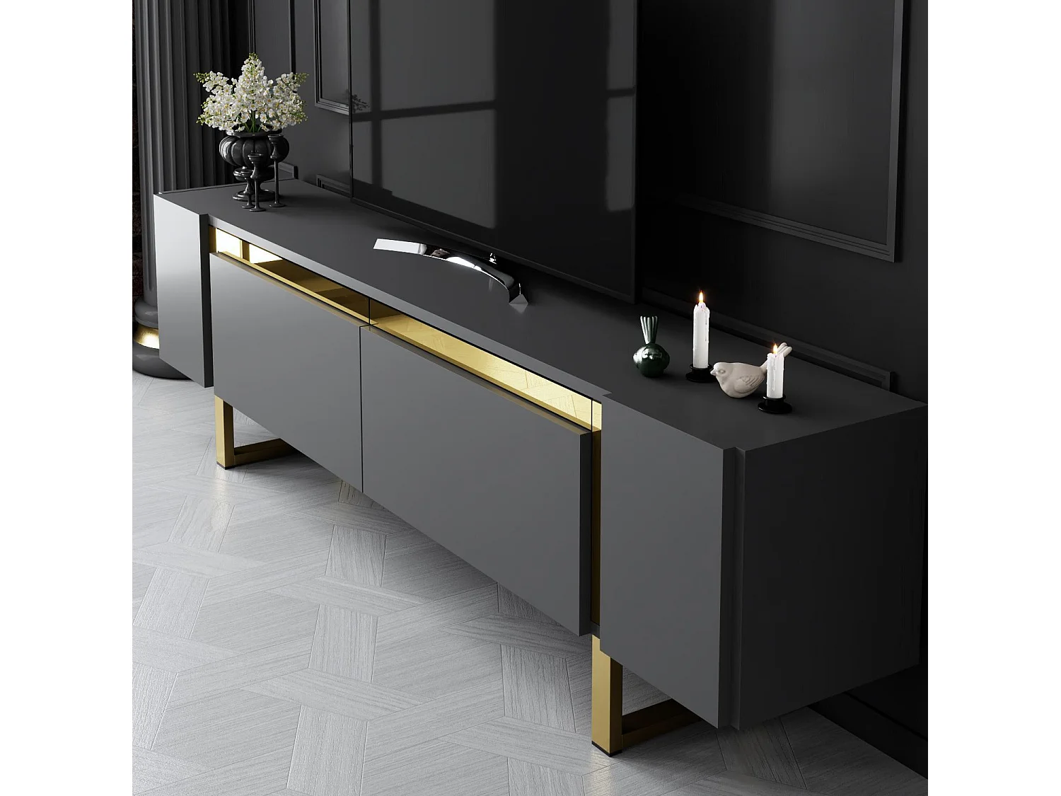 TV-meubel – 180 cm x 50 cm x 30 cm – Antraciet en goud – Melamine gecoat spaanplaat