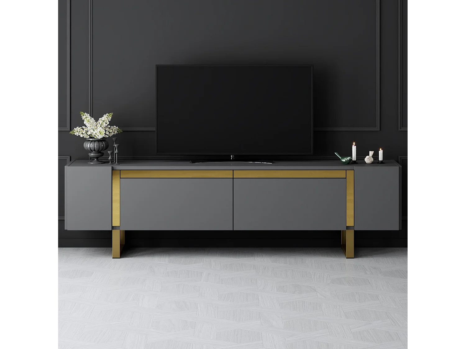 Meuble Tv design 2 portes basculantes Merany L180cm Bois Anthracite et Métal Or