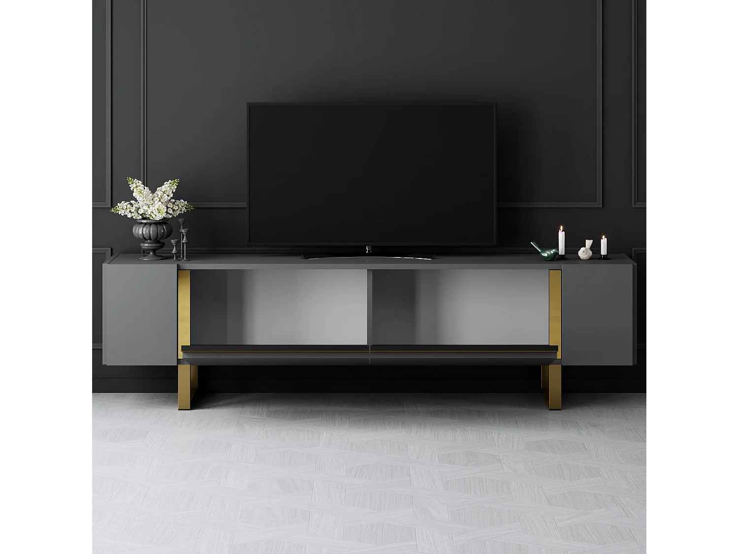Mueble de TV – 180 cm x 50 cm x 30 cm – Antracita y Dorado – Tablero de Partículas Revestido de Melamina
