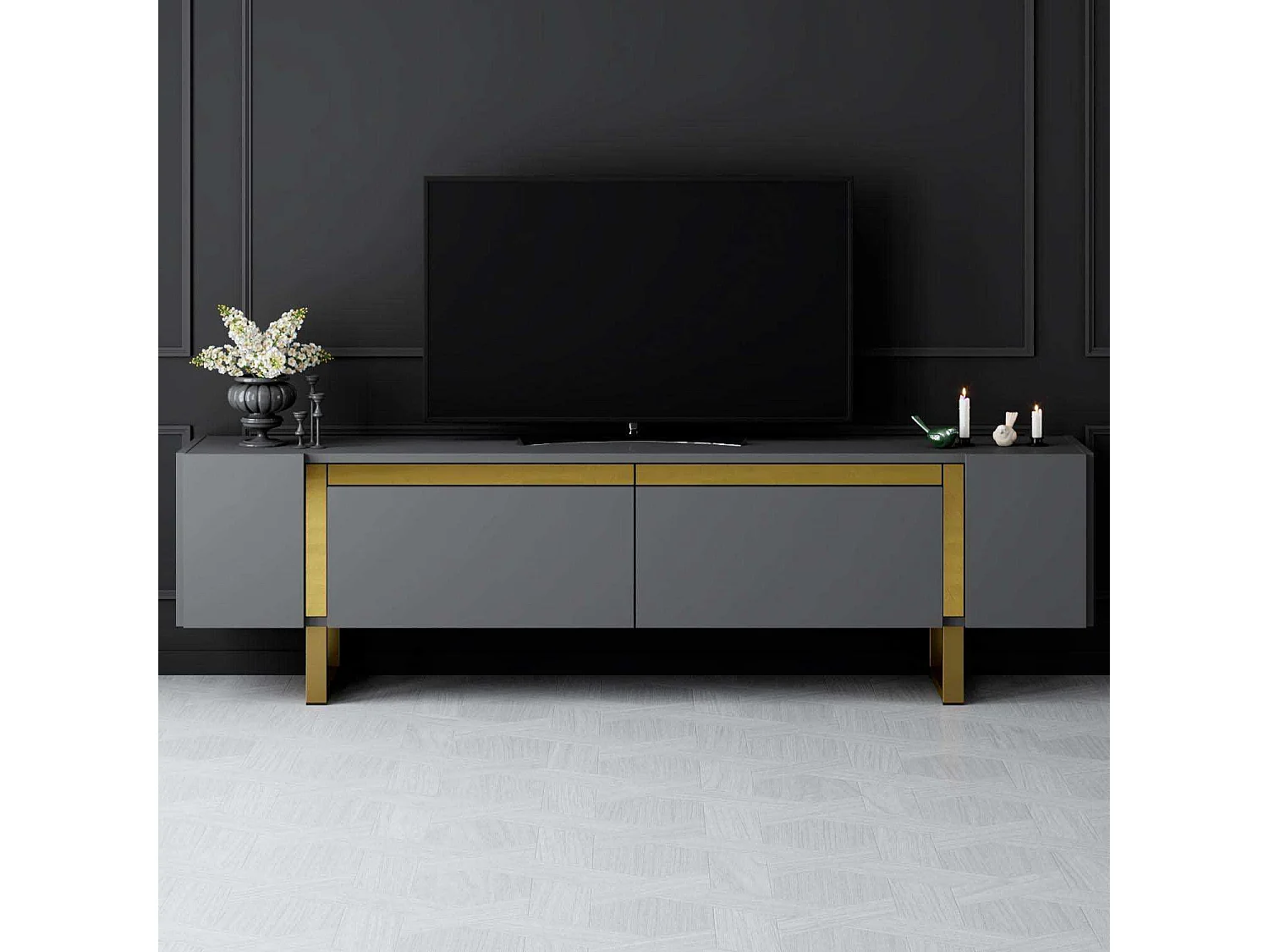 Mueble de TV – 180 cm x 50 cm x 30 cm – Antracita y Dorado – Tablero de Partículas Revestido de Melamina
