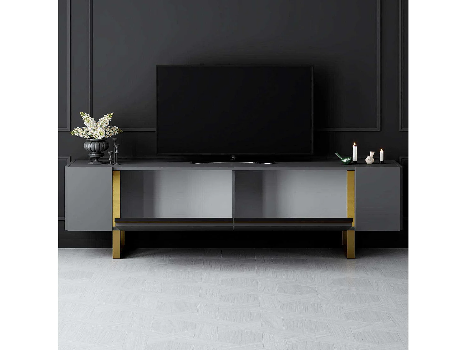 Mueble de TV – 180 cm x 50 cm x 30 cm – Antracita y Dorado – Tablero de Partículas Revestido de Melamina