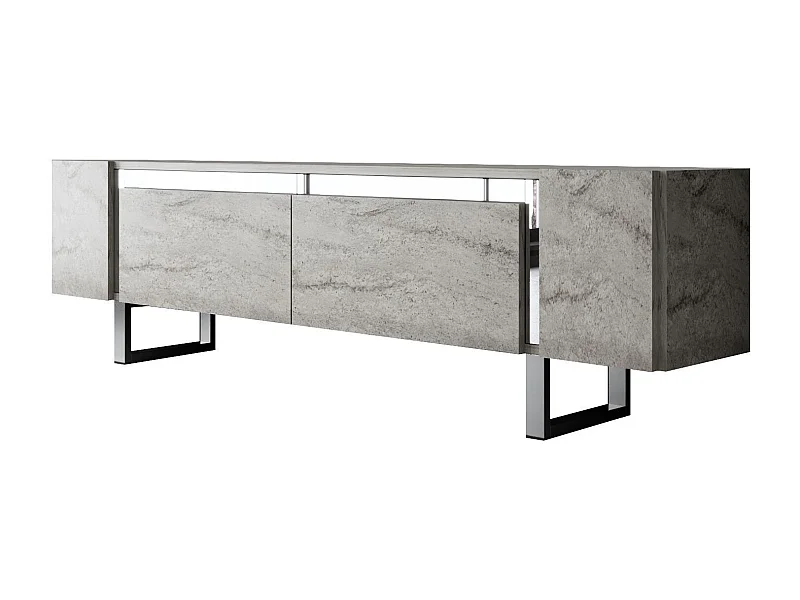 Meuble Tv design 2 portes basculantes Merany L180cm Bois Effet travertin beige et Métal Argent