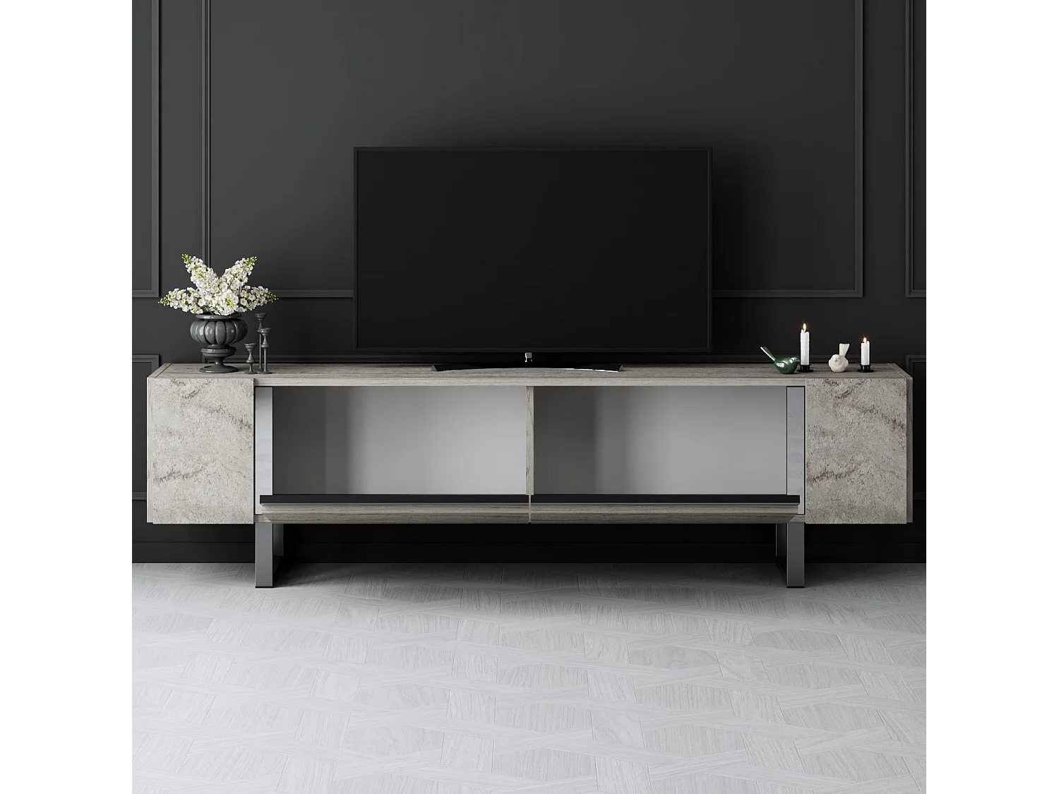 Meuble Tv design 2 portes basculantes Merany L180cm Bois Effet travertin beige et Métal Argent