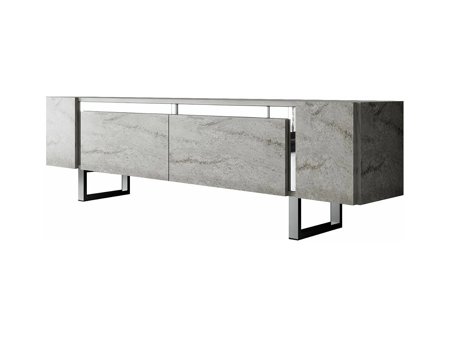 Meuble Tv design 2 portes basculantes Merany L180cm Bois Effet travertin beige et Métal Argent