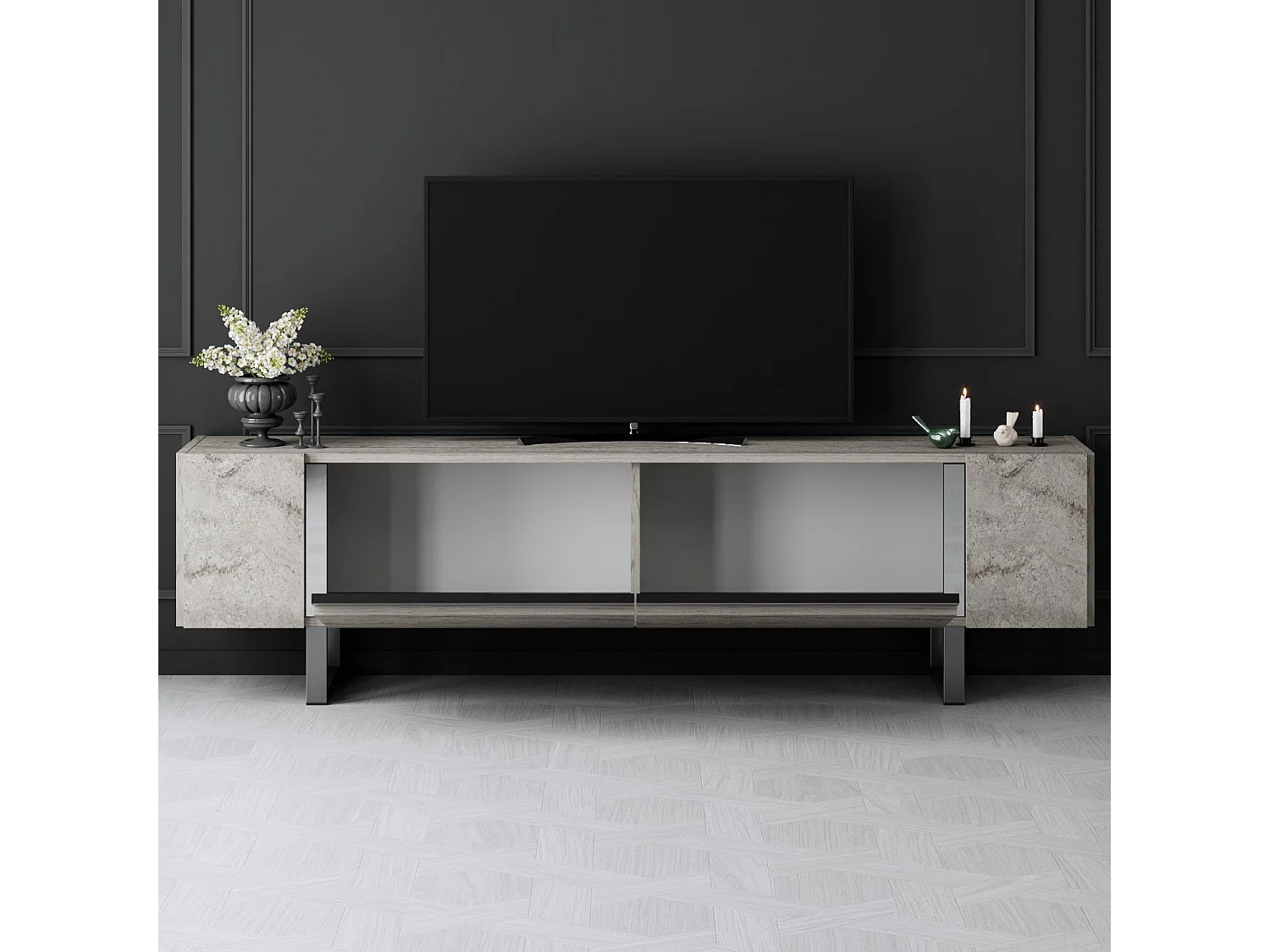 Meuble Tv design 2 portes basculantes Merany L180cm Bois Effet travertin beige et Métal Argent