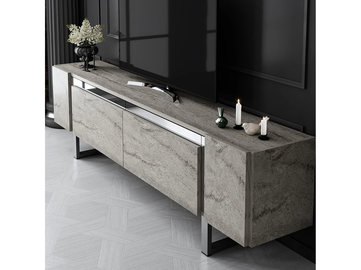 Meuble Tv design 2 portes basculantes Merany L180cm Bois Effet travertin beige et Métal Argent