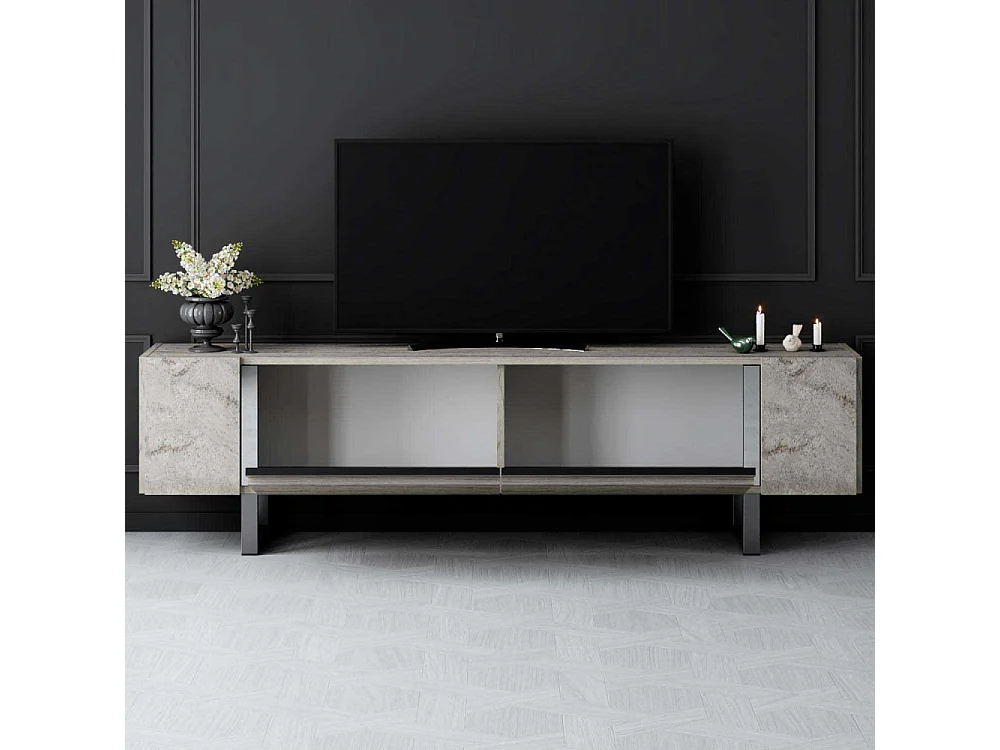 Meuble Tv design 2 portes basculantes Merany L180cm Bois Effet travertin beige et Métal Argent