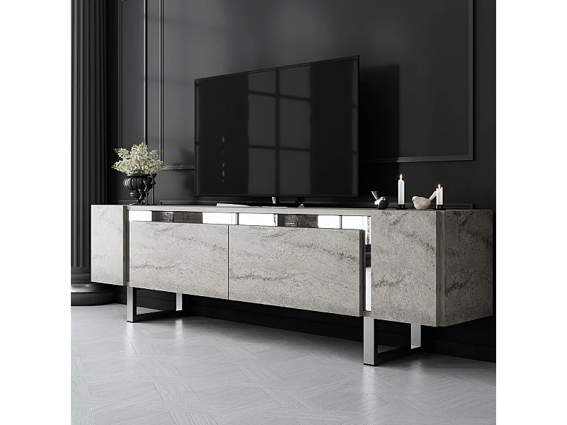 Meuble Tv design 2 portes basculantes Merany L180cm Bois Effet travertin beige et Métal Argent