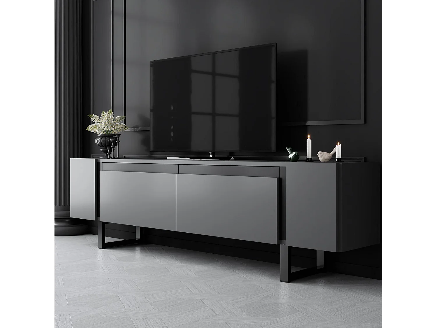 Meuble Tv design 2 portes basculantes Merany L180cm Bois Anthracite et Métal Noir