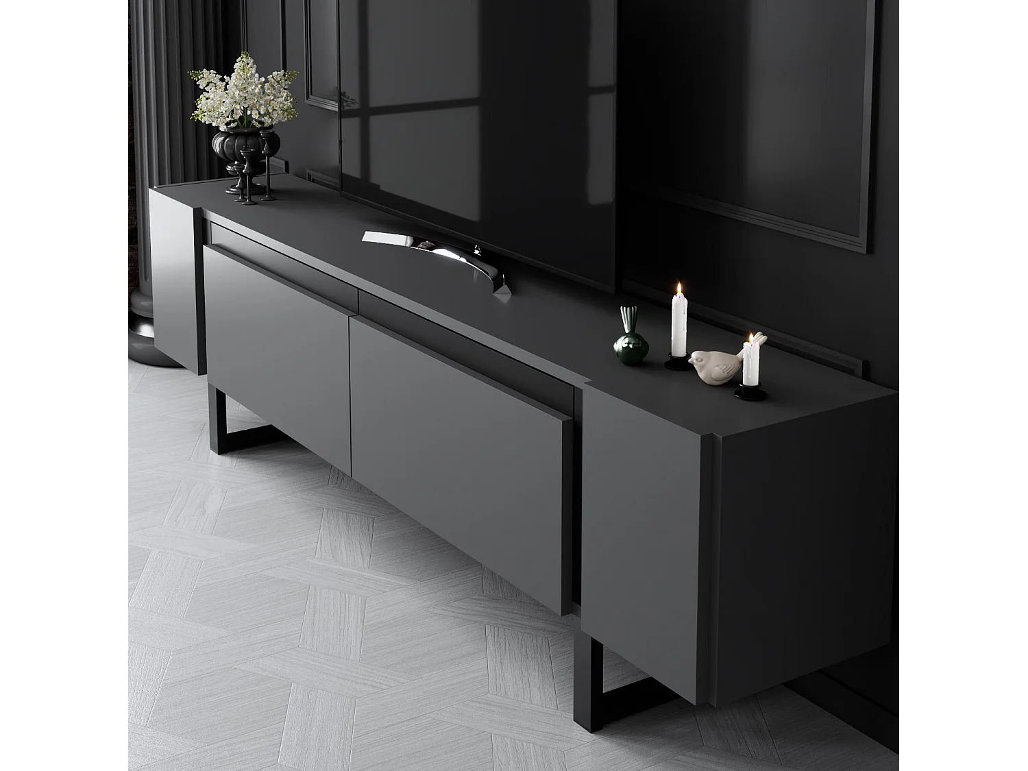 Meuble Tv design 2 portes basculantes Merany L180cm Bois Anthracite et Métal Noir