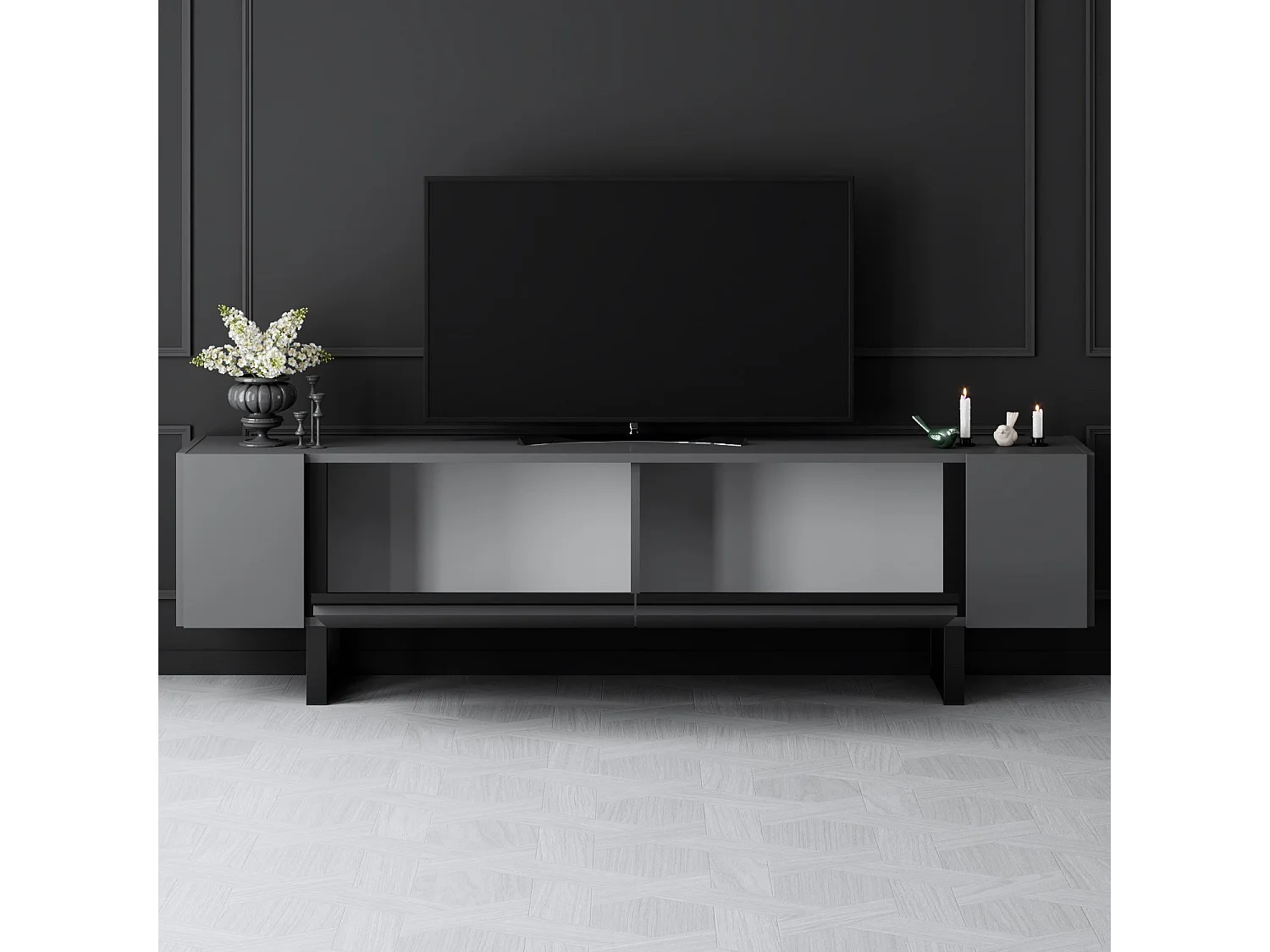Meuble Tv design 2 portes basculantes Merany L180cm Bois Anthracite et Métal Noir