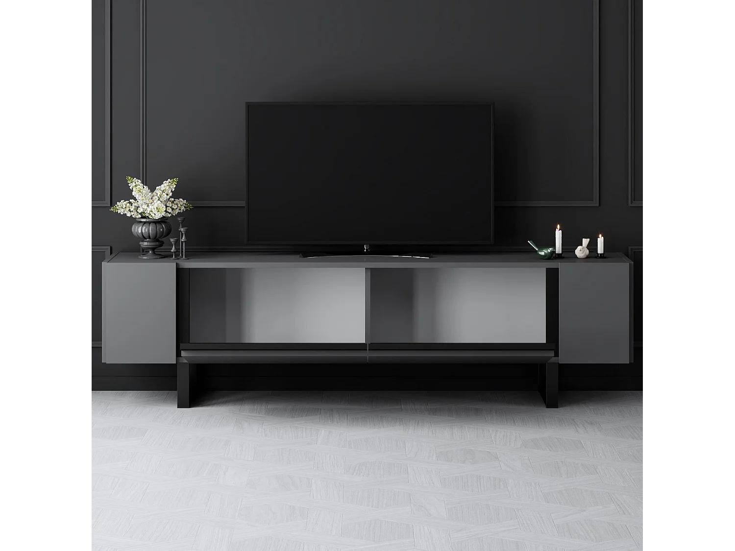 Mueble de TV – 180 cm x 50 cm x 30 cm – Antracita y Negro – Tablero de Partículas y Metal