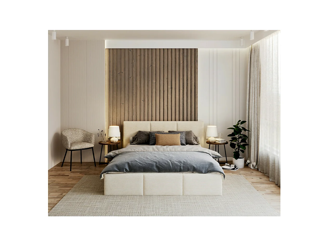 Lit coffre Tulum 140 x 190 cm - Velours cotelé - avec sommier à lattes relevable Beige