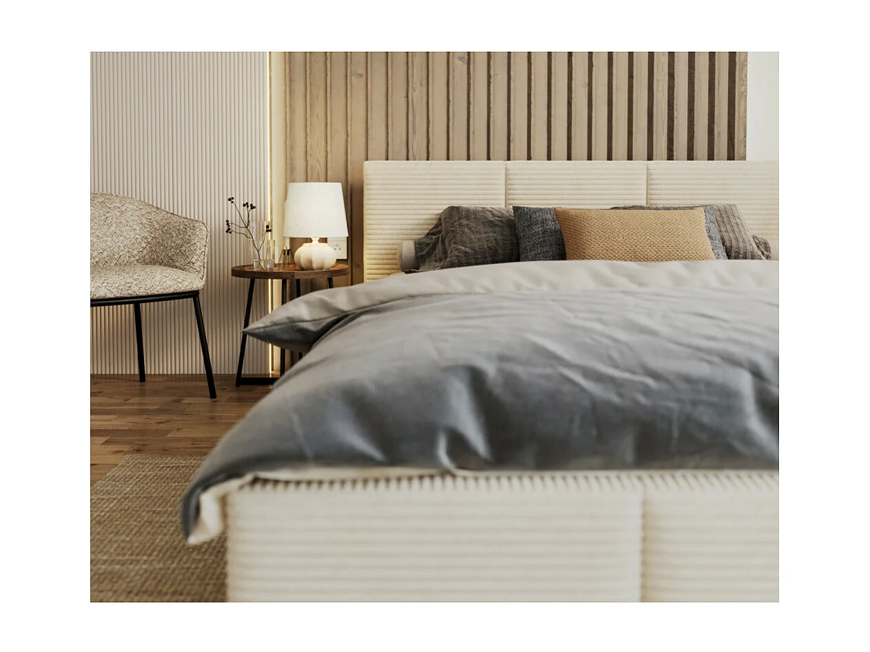 Lit coffre Tulum 140 x 190 cm - Velours cotelé - avec sommier à lattes relevable Beige