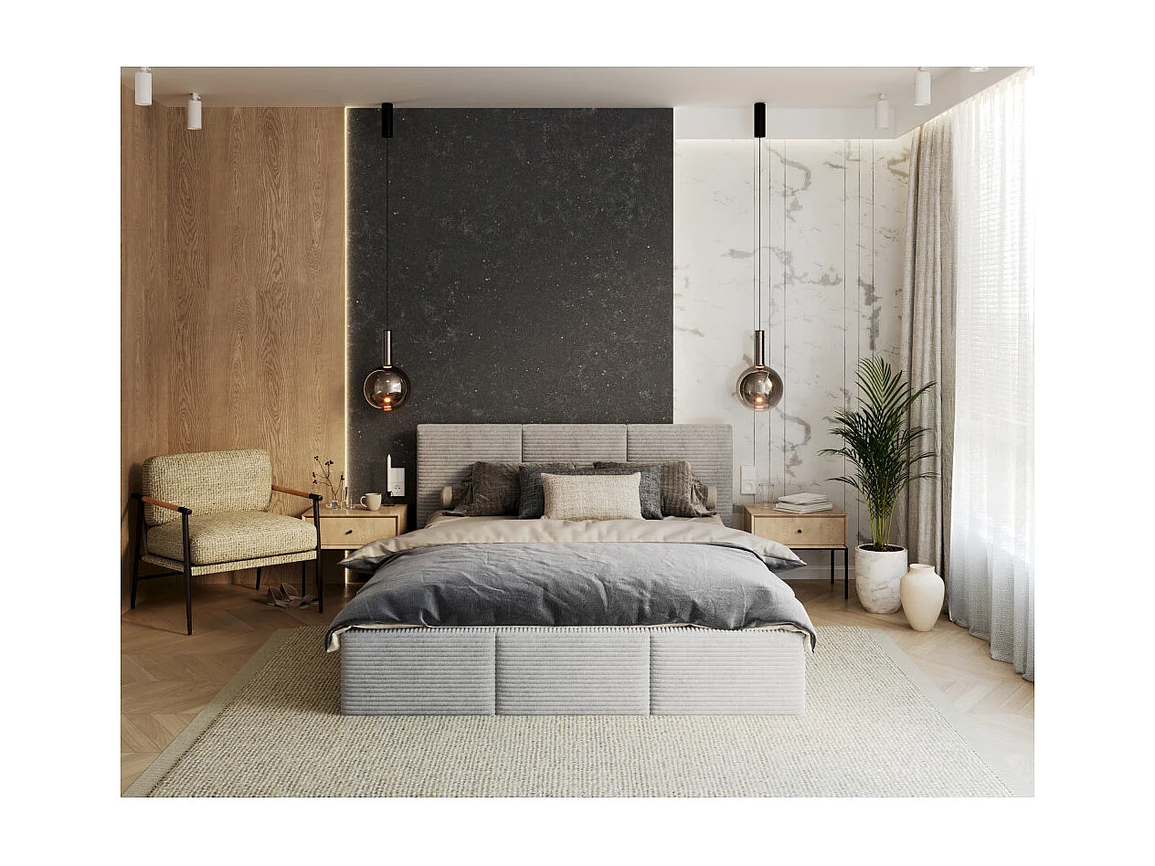 Lit coffre Tulum 140 x 190 cm - Velours cotelé - avec sommier à lattes relevable Gris Clair