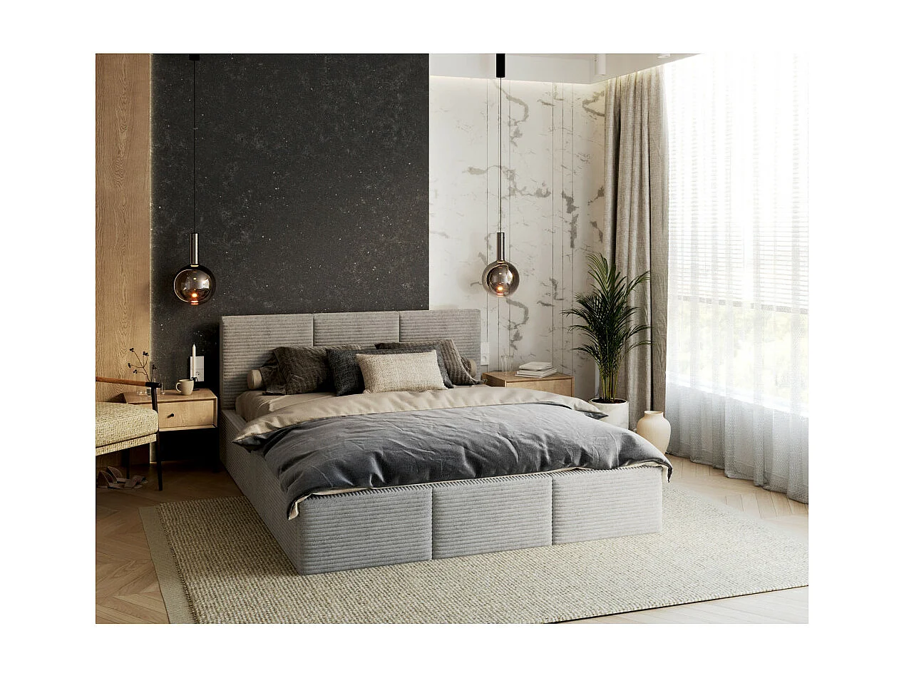 Lit coffre Tulum 140 x 190 cm - Velours cotelé - avec sommier à lattes relevable Gris Clair