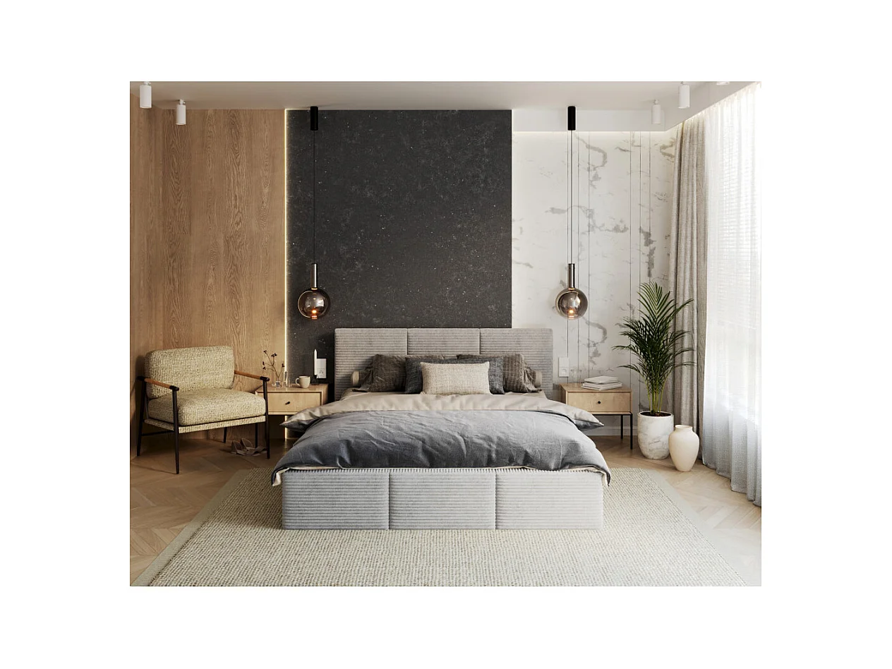 Lit coffre Tulum 140 x 190 cm - Velours cotelé - avec sommier à lattes relevable Gris Clair