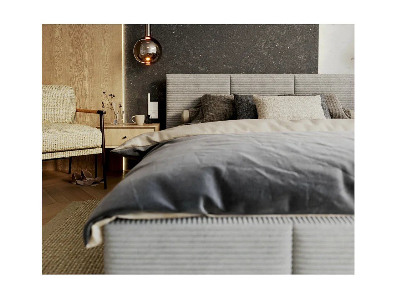 Lit coffre Tulum 140 x 190 cm - Velours cotelé - avec sommier à lattes relevable Gris Clair