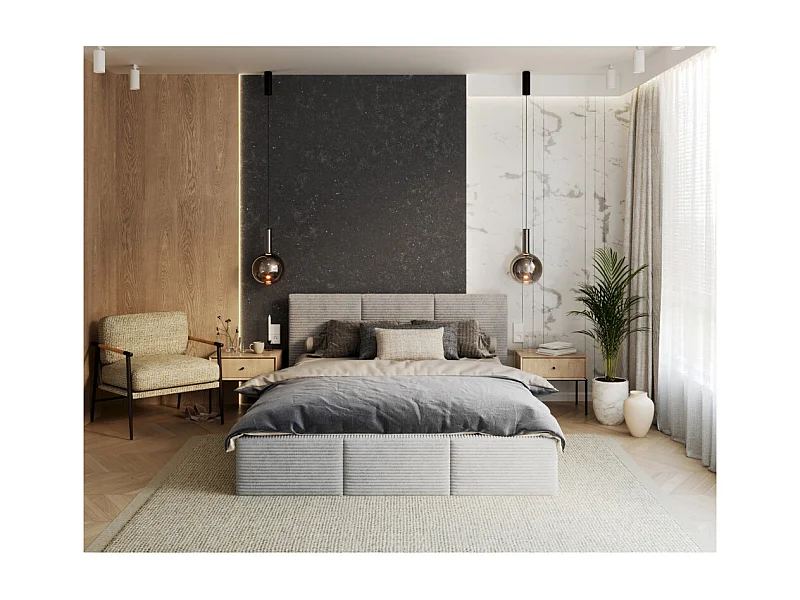 Lit coffre Tulum 140 x 190 cm - Velours cotelé - avec sommier à lattes relevable Gris Clair