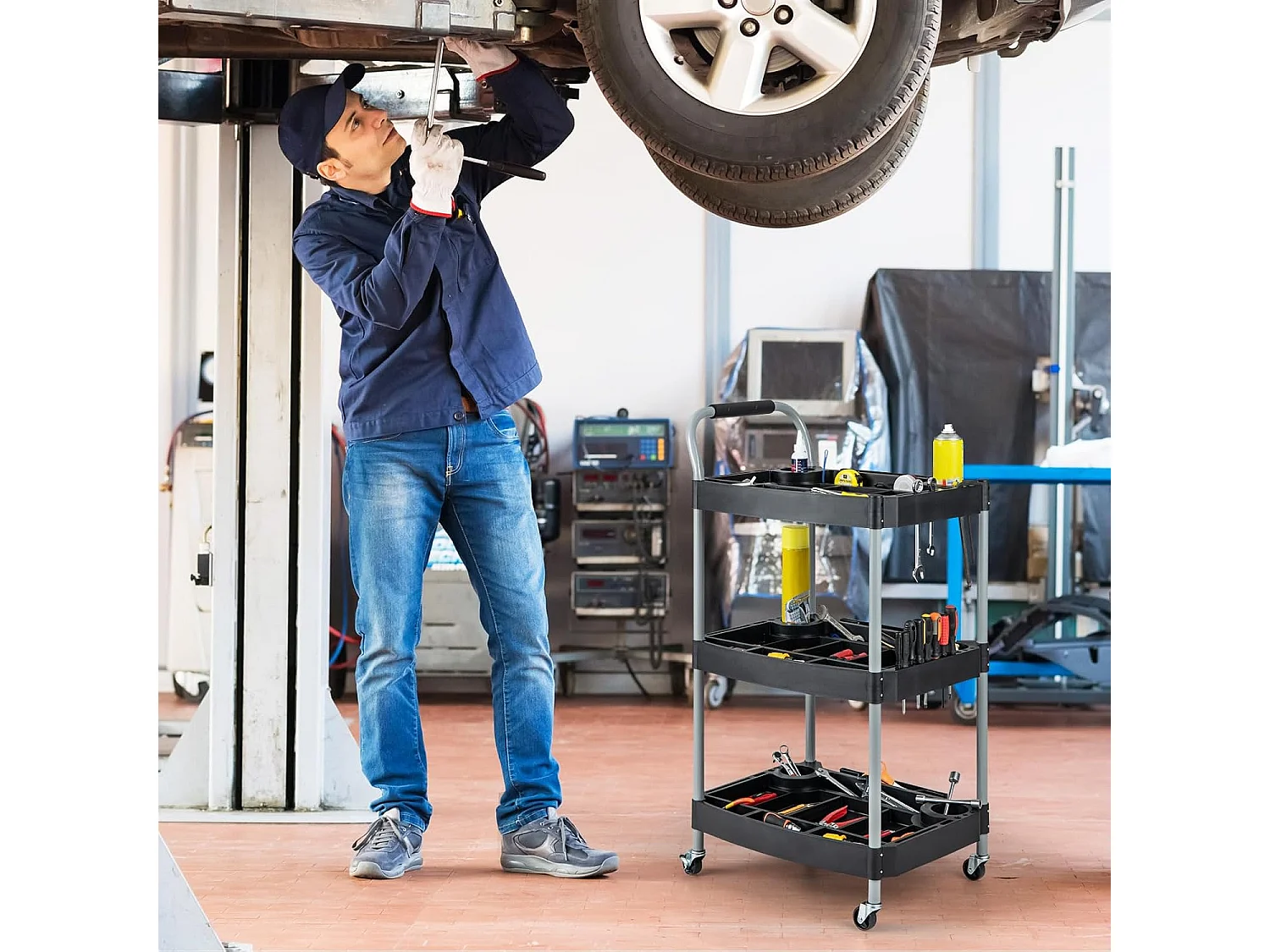 Chariot Servante d'Atelier à 3 Niveaux avec Roues Universelles, Chariot à Outils Roulant Séparateur Multiple Poignée en Éponge Charge 45KG, 59 x 45 x 107 cm, Noir