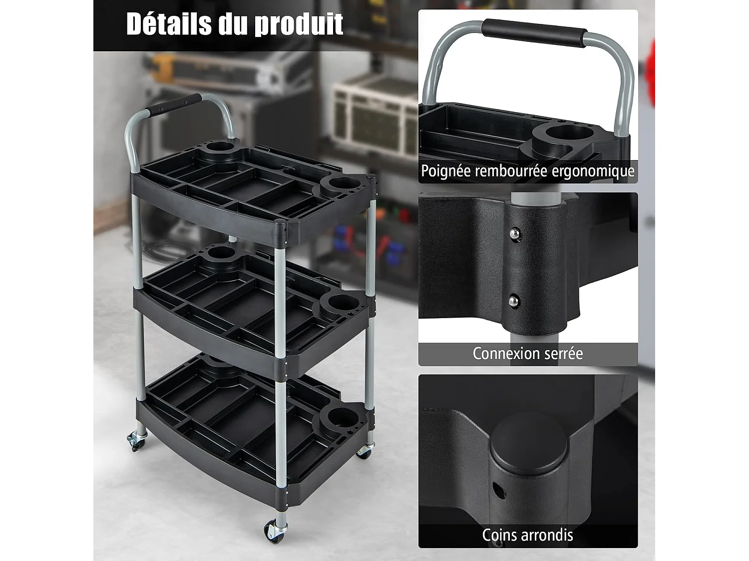 Chariot Servante d'Atelier à 3 Niveaux avec Roues Universelles, Chariot à Outils Roulant Séparateur Multiple Poignée en Éponge Charge 45KG, 59 x 45 x 107 cm, Noir