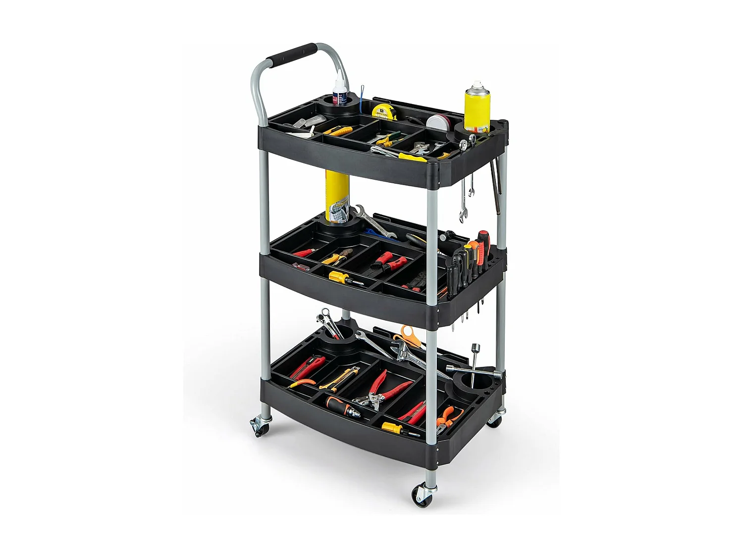 Chariot Servante d'Atelier à 3 Niveaux avec Roues Universelles, Chariot à Outils Roulant Séparateur Multiple Poignée en Éponge Charge 45KG, 59 x 45 x 107 cm, Noir