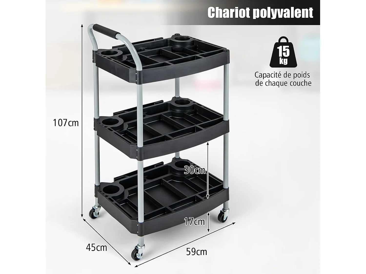 Chariot Servante d'Atelier à 3 Niveaux avec Roues Universelles, Chariot à Outils Roulant Séparateur Multiple Poignée en Éponge Charge 45KG, 59 x 45 x 107 cm, Noir