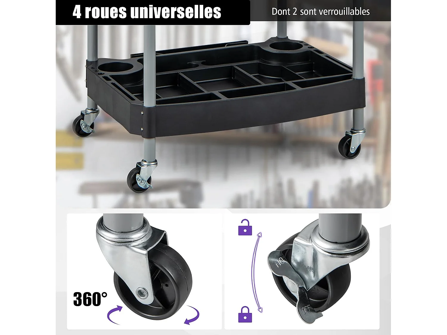 Chariot Servante d'Atelier à 3 Niveaux avec Roues Universelles, Chariot à Outils Roulant Séparateur Multiple Poignée en Éponge Charge 45KG, 59 x 45 x 107 cm, Noir