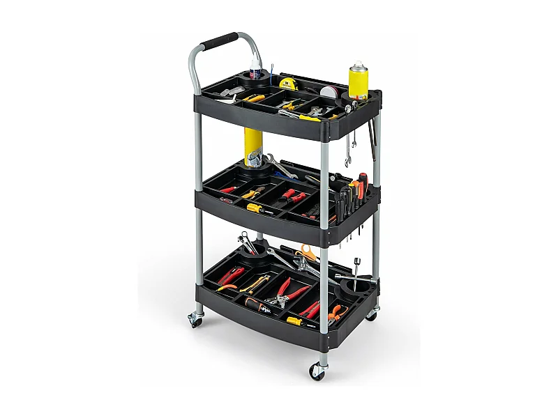 Chariot Servante d'Atelier à 3 Niveaux avec Roues Universelles, Chariot à Outils Roulant Séparateur Multiple Poignée en Éponge Charge 45KG, 59 x 45 x 107 cm, Noir