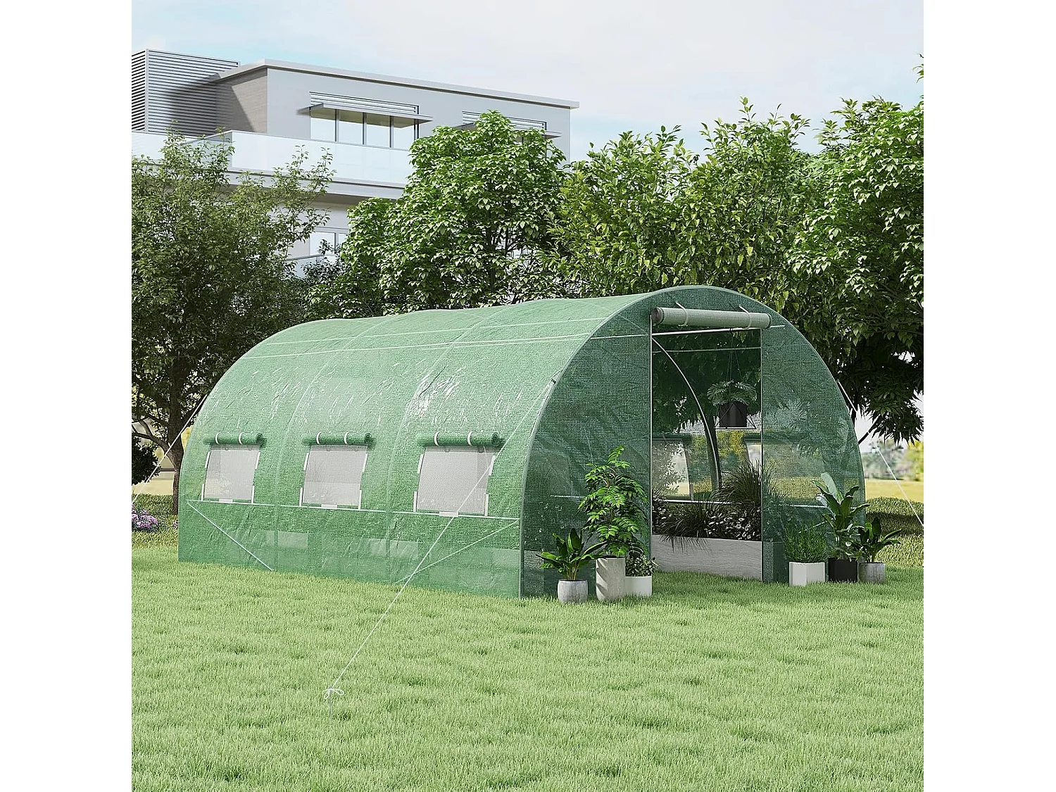 Serre de Jardin Tunnel 600x300x200 CM Cadre en Acier Galvanisé Robuste, Serre Tunnel Coupe-Vent avec Cerceau 6 Fenêtres Enroulables 2 Portes Zippées