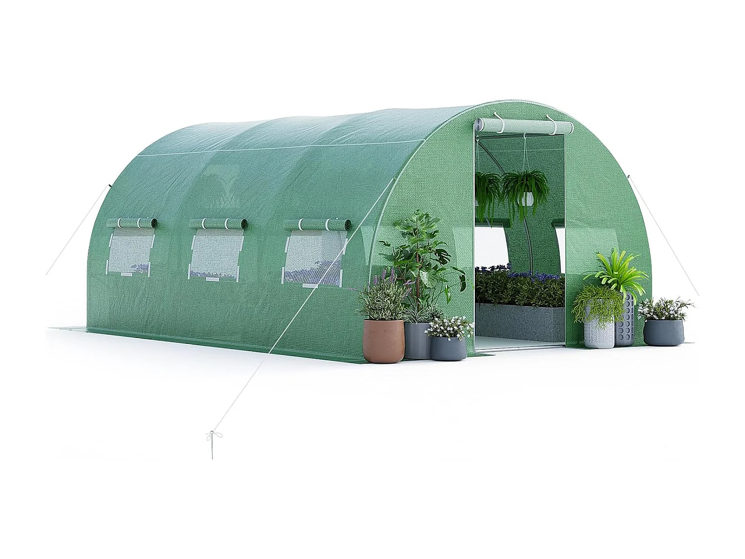 Serre de Jardin Tunnel 600x300x200 CM Cadre en Acier Galvanisé Robuste, Serre Tunnel Coupe-Vent avec Cerceau 6 Fenêtres Enroulables 2 Portes Zippées